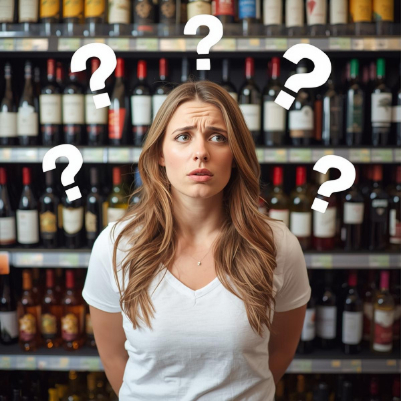 Eine Frau steht verwirrt vor einem Weinregal